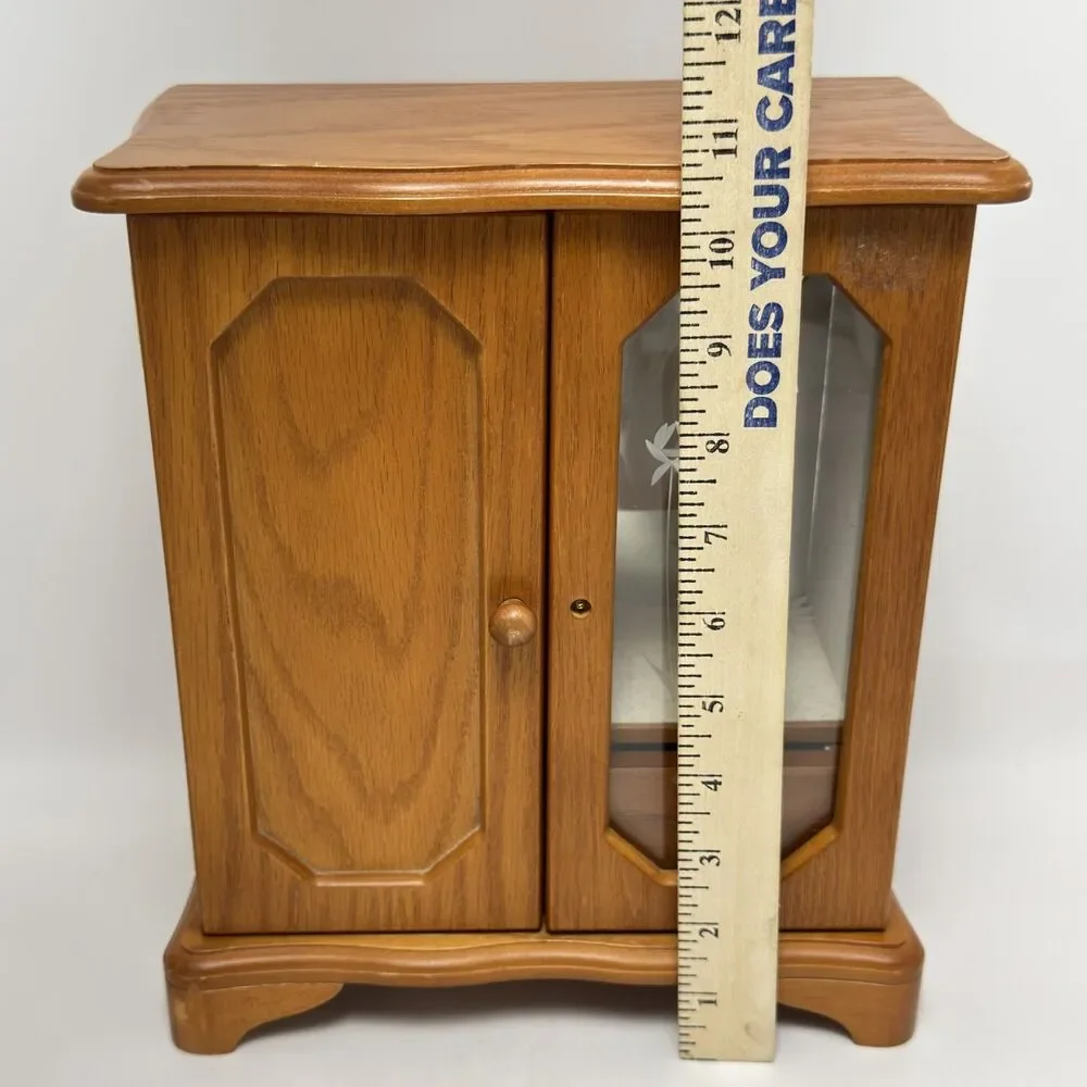 Vintage Wooden Jewelry Box Armoire Wood Tabletop Jewelry Organizer With Mirror